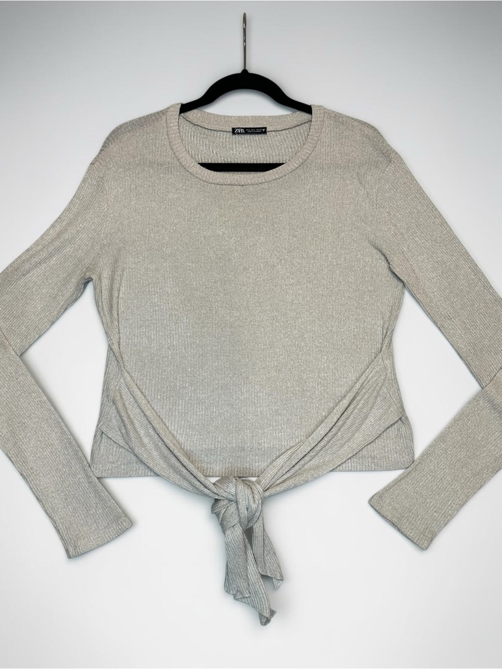 Zara Ribbed Knit Tie-Front Long Sleeve Top Sz L - Picture 2 of 5